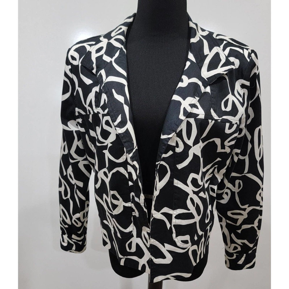 Transitions Chic Black White Cropped Open Blazer Ribbon Pattern Jacket Size 14
